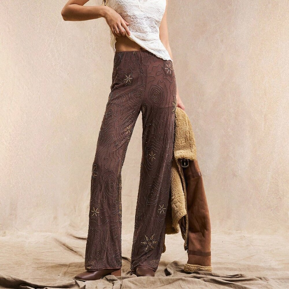 Brown Boho Women's Seaside Trousers with Floral Sequins